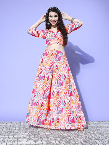 Multi Colour Abstract Printed Wrap Top Paired With Tonal Printed Flared Bottom